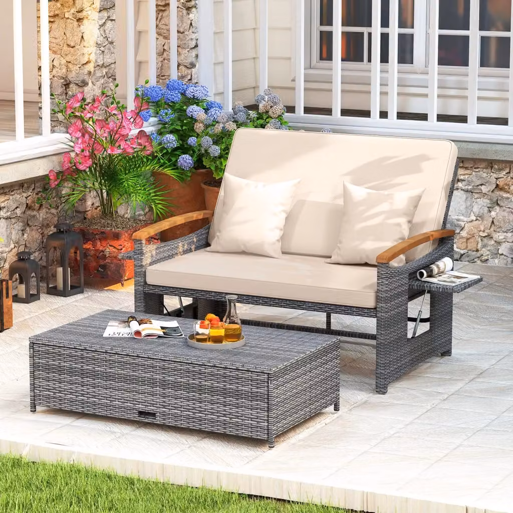 Set da esterno 2 pezzi composto da divanetto con schienale regolabile a 4 livelli e pouf contenitore in polyrattan beige con tavoli ribaltabili e struttura in legno di acacia e metallo – 2