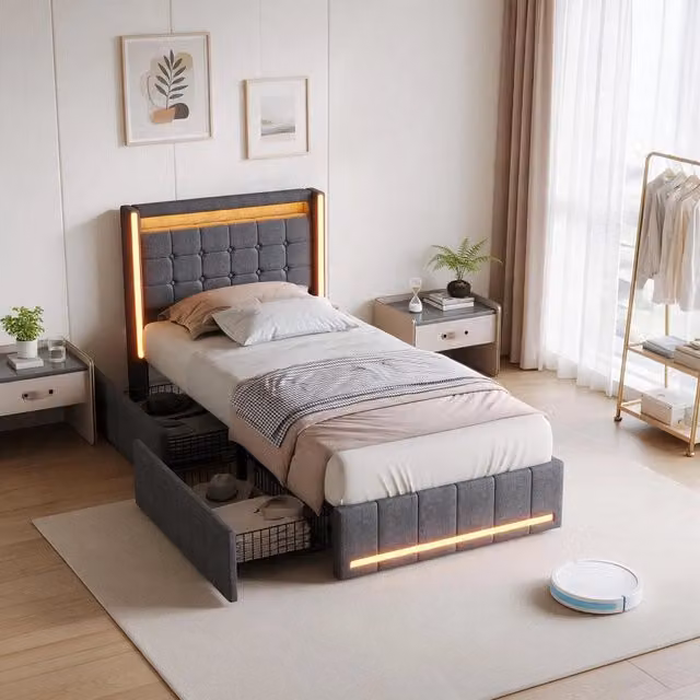Letto singolo 90x200 cm con contenitore 2 cassetti LED RGB USB e testiera imbottita in lino - grigio