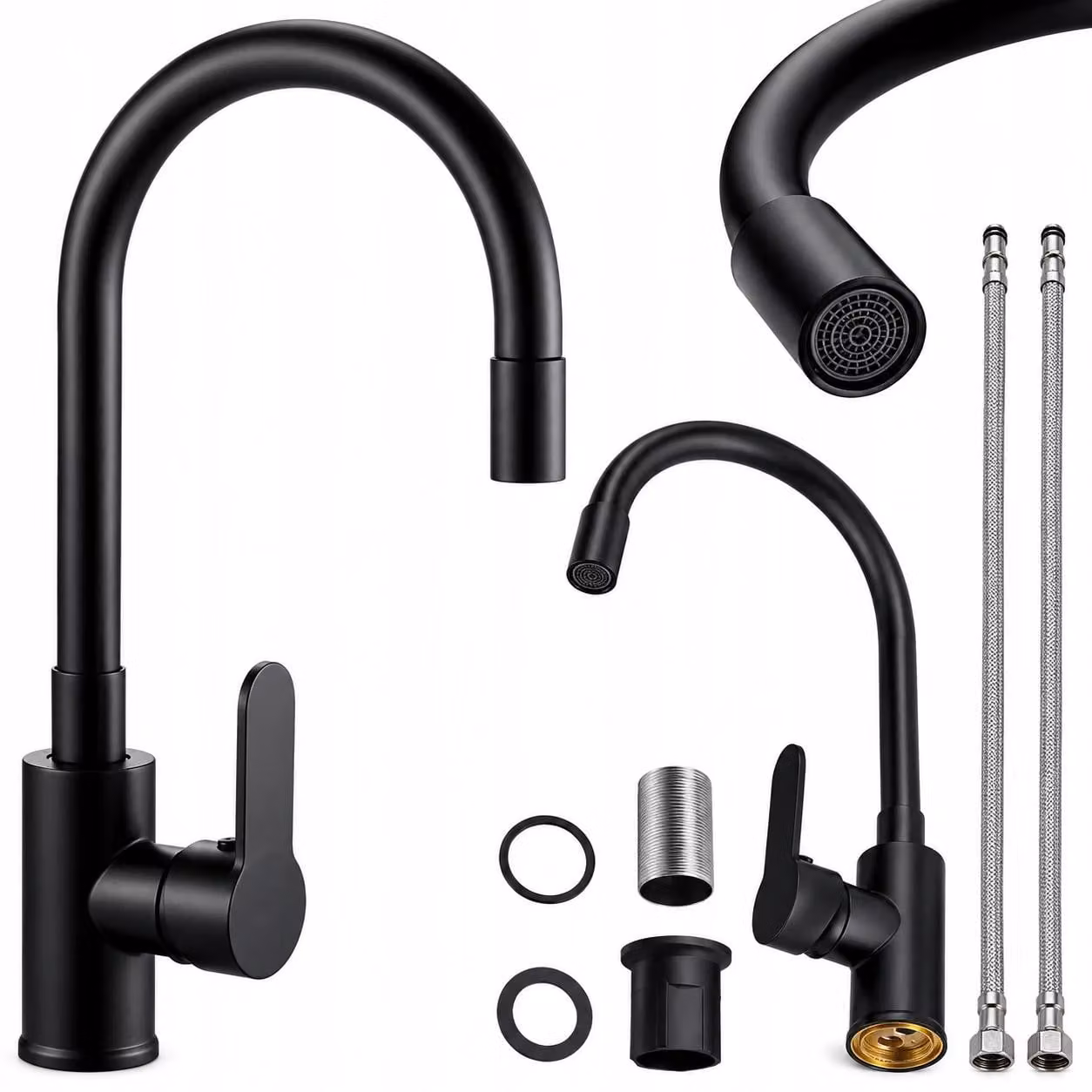 Miscelatore per cucina monocomando - Bocchetta girevole a 360° - Tubo flessibile estraibile per il soffione - Montaggio su piano di lavoro - Colore: nero