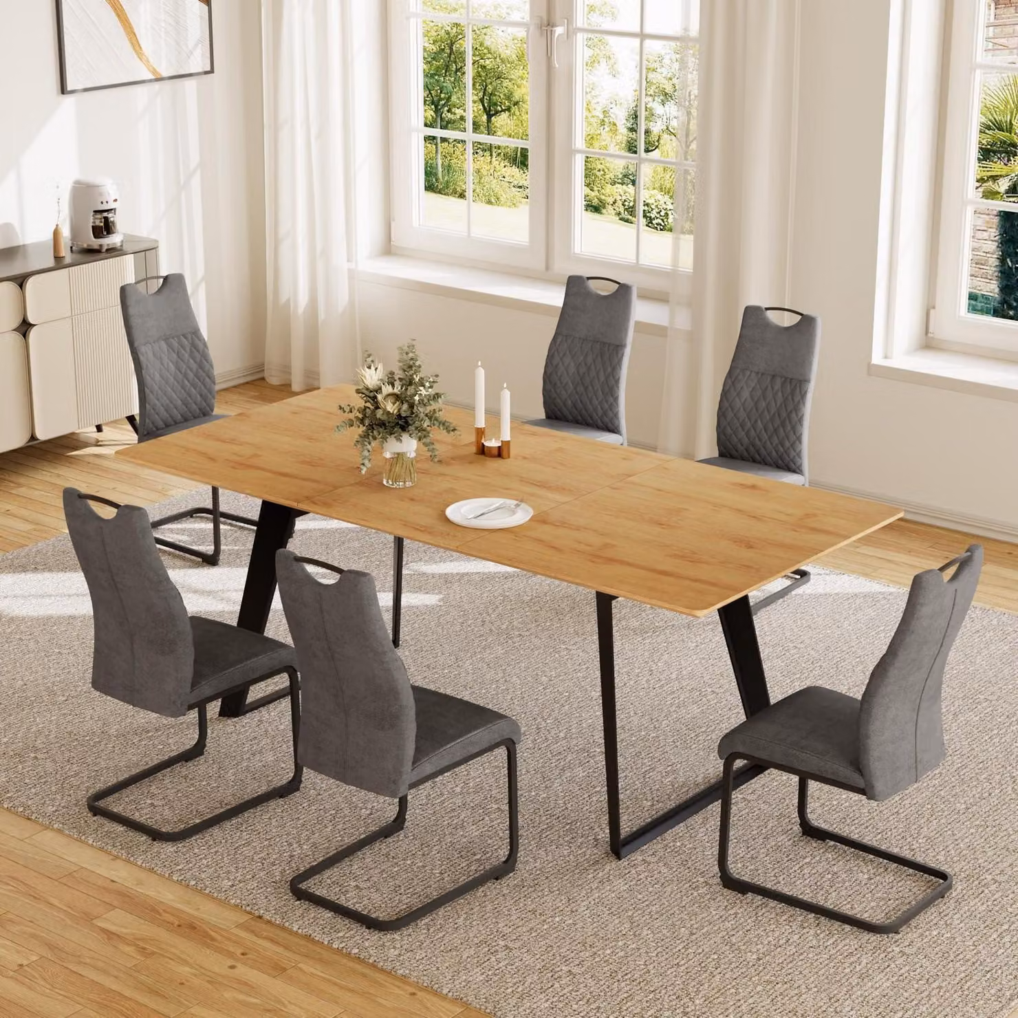 Set da pranzo con tavolo allungabile da 130-170 cm, completo di 6 sedie, con finitura effetto legno MDF, struttura in metallo grigio