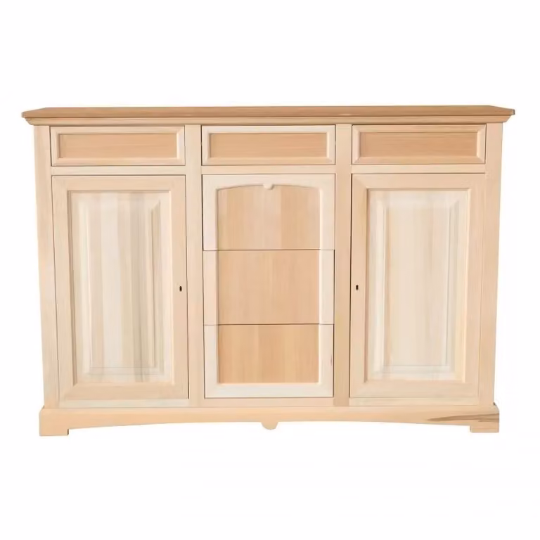 Credenza Mobili 2G con 2 porte e 6 cassetti in legno grezzo beige L: 170 cm, P: 46 cm, H: 116 cm