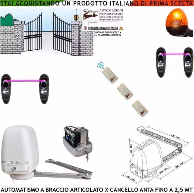 CANCELLO AUTOMATICO KIT MOTORE A BRACCIO ARTICOLATO 220/24 V ANTA BATTENTE DA 0,5 A 2,5 MT CENTRALE 3 RADIOCOMANDI FARO 2 FOTOCELLULE