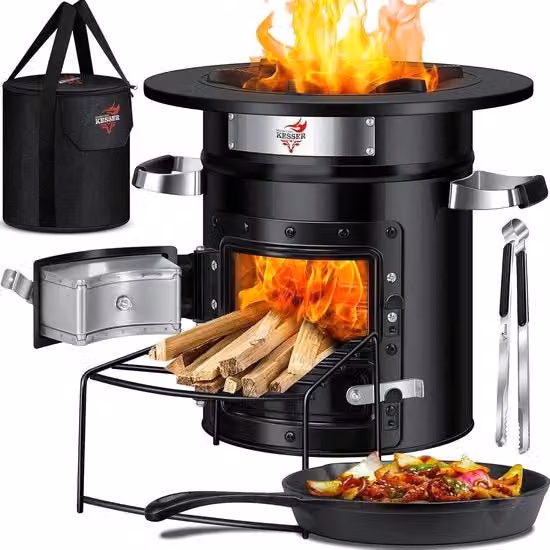 Cucina a razzo con padella in ghisa e tasca portatile - Ideale per campeggio e BBQ