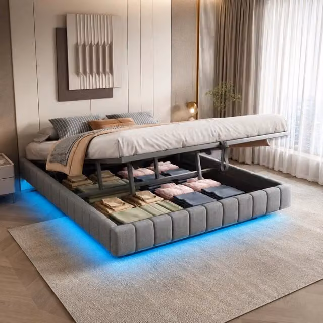 Letto contenitore Mivray sospeso con illuminazione LED e rivestimento in tessuto grigio L/P: 180 x 200 cm