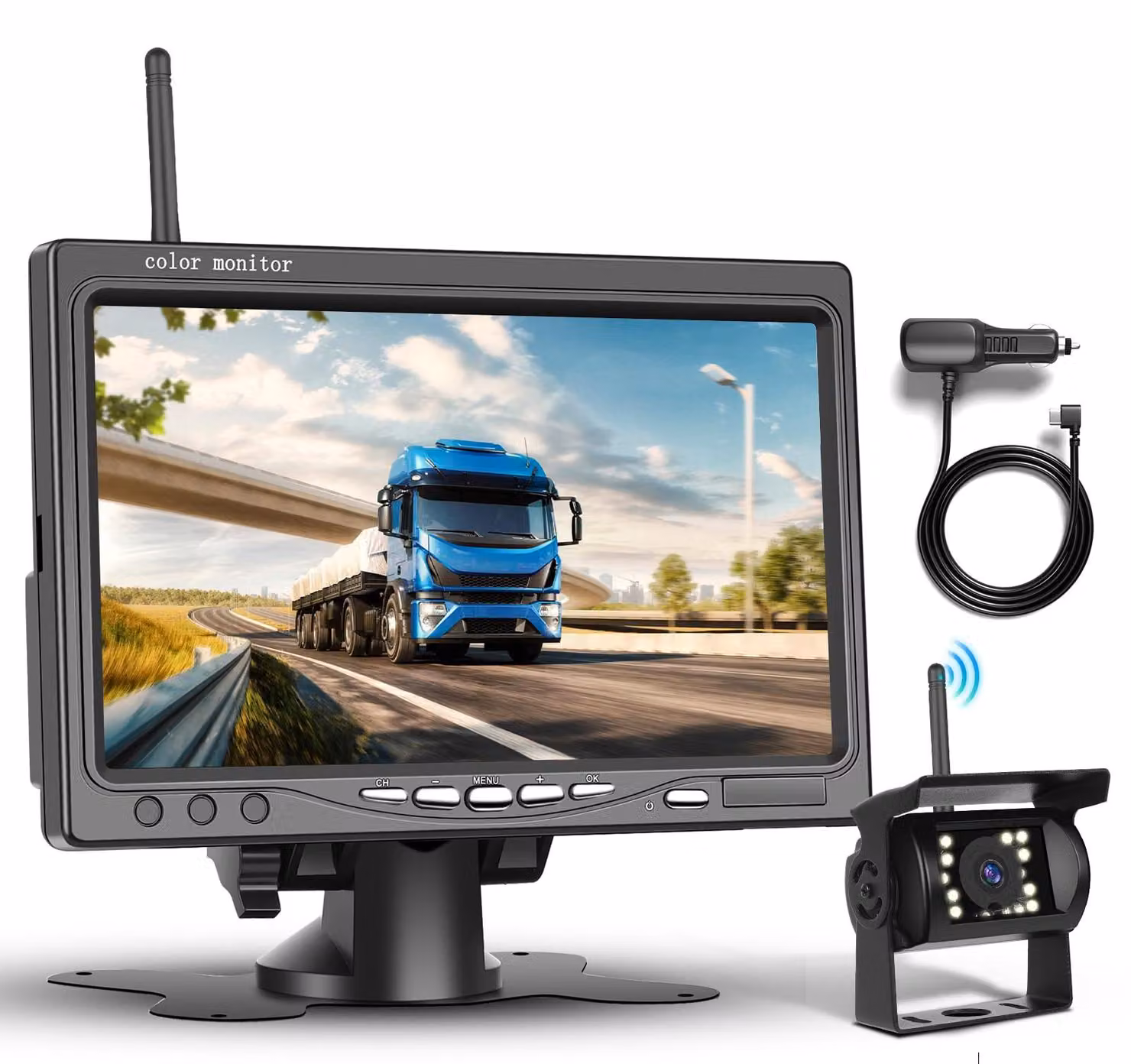 Kit telecamera per retromarcia wireless - Monitor HD da 7 pollici - 1080P - Resistente all'acqua (IP68) - Visione notturna - Rilevamento angolo cieco