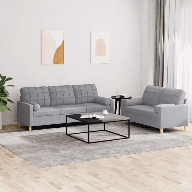 Set di Divani vidaXL in Tessuto Grigio con Cuscini per Soggiorno Moderno