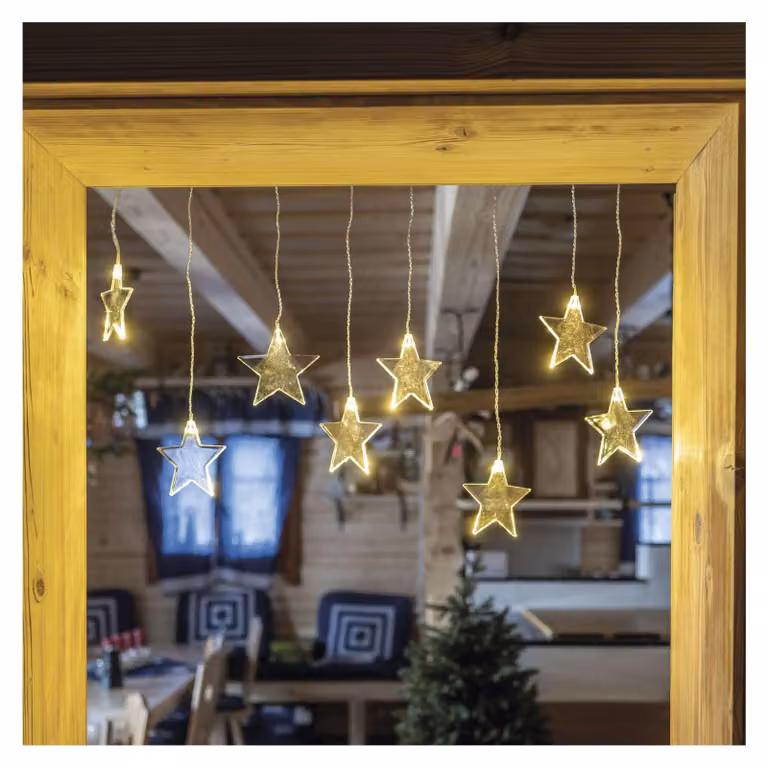 Catena luminosa a LED con 8 stelle, lunghezza 84 cm, luce bianco caldo, grado di protezione IP44, adatta per interni ed esterni