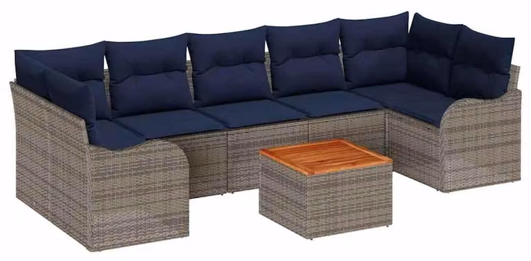 Set da giardino composto da 8 pezzi, colore grigio, realizzato in rattan sintetico
