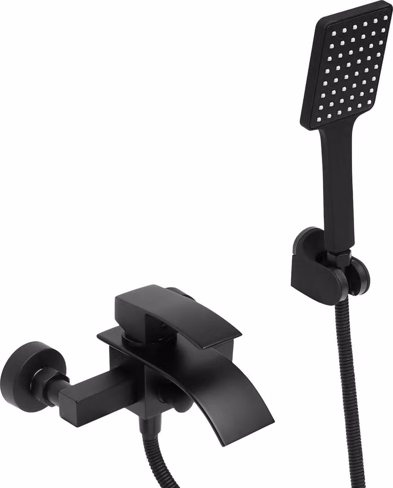 Rubinetto per vasca da bagno – Miscelatore a parete con effetto cascata – Con doccetta manuale – Realizzato in ottone e acciaio inossidabile 304 – Colore nero