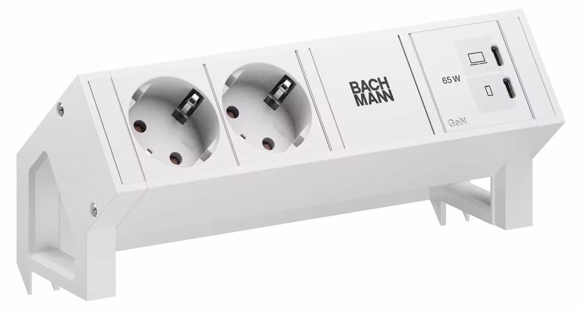 BACHMANN DESK2 BIANCO PURO 2xCEE7/3, 1xUSB C/C 65 W L=0,2 m RAL9010