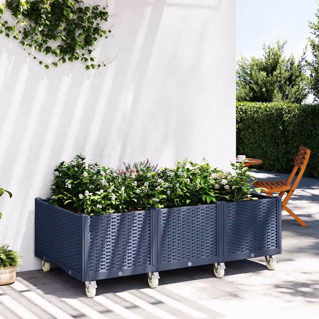 Fioriera da giardino con ruote vidaXL in plastica, Grigio Blu, L 150 x P 80 x H 54 cm