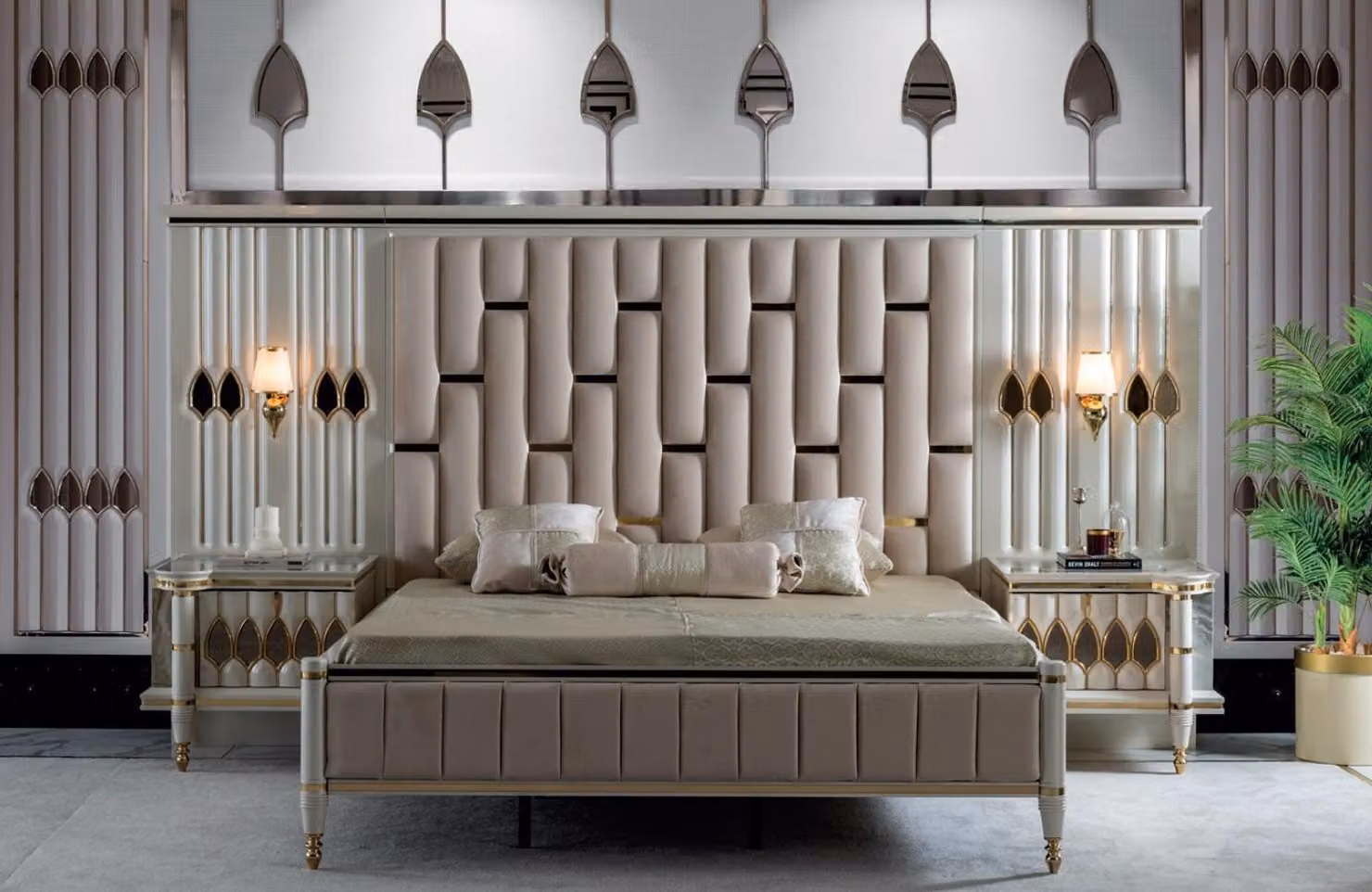 Bett Beige Metall Möbel Elegantes Design Schlafzimmer Möbel Luxus