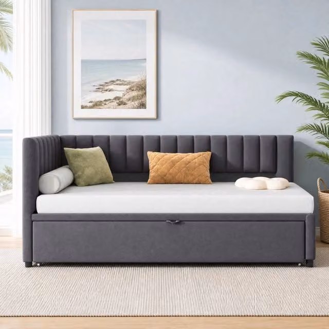 Divano letto MIVRAY con letto estraibile rivestito in velluto grigio, L/P/H: 208 x 97,5 x 75 cm