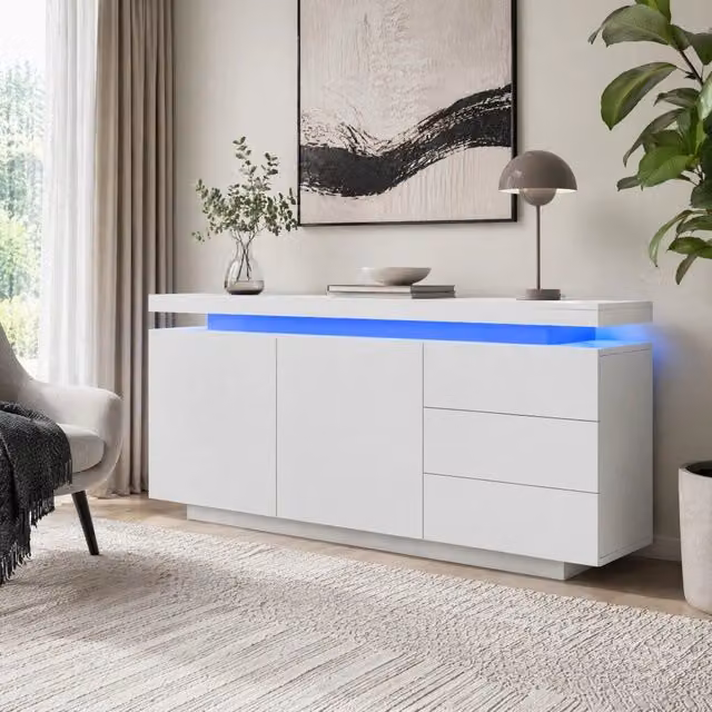 Credenza moderna bianca lucida con illuminazione LED integrata L: 120 cm, P: 38 cm, H: 72 cm