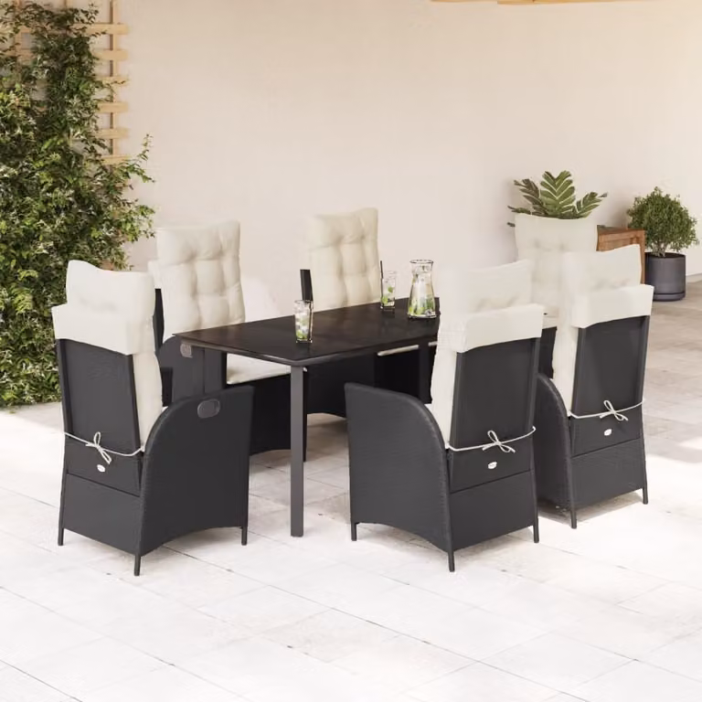 Set da Pranzo da Giardino vidaXL 7 pz in Polyrattan Nero con Piano in Vetro