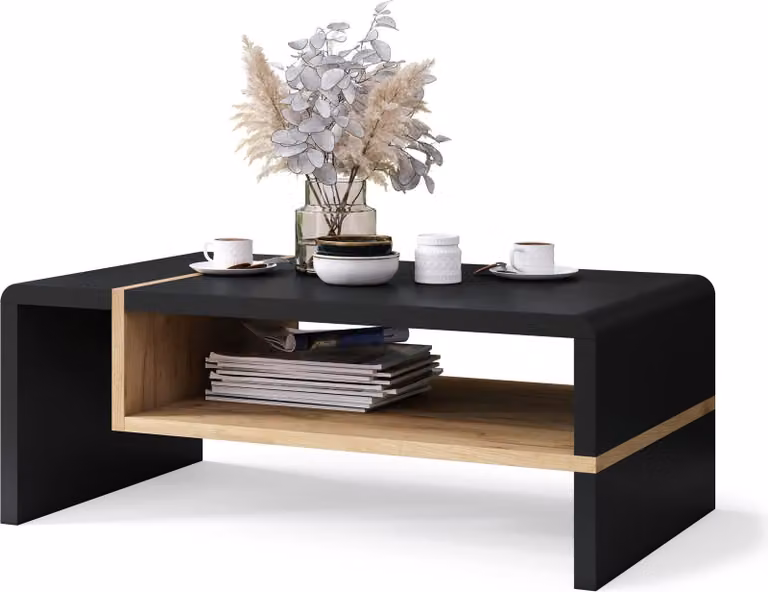 Tavolino All4All, modello "Figo", piccolo tavolino da caffè, tavolino per il soggiorno, tavolino da divano con piano, dimensioni 100x60 cm, finitura nero e oro, legno effetto rovere