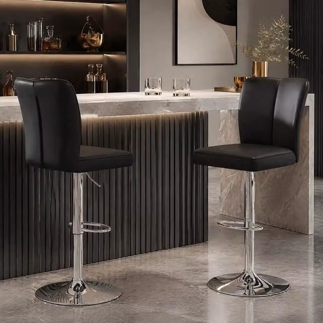 Set di 2 sgabelli da bar regolabili 63-85 cm neri e argento in PU; girevoli a 360 gradi