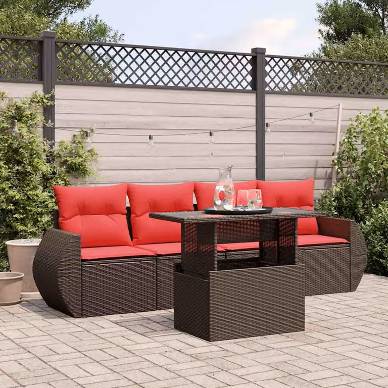 Set da giardino vidaXL composto da 5 pezzi in polyrattan marrone con cuscini imbottiti e tavolino da esterno
