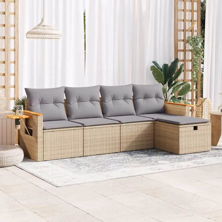Set Divano da Giardino vidaXL 5 pz a L in Polyrattan con Cuscini Beige e Struttura in Legno di Acacia