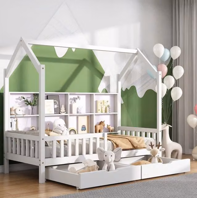 Letto per bambini a casetta 90x200 cm con scaffale e 2 cassetti in legno massello di pino bianco