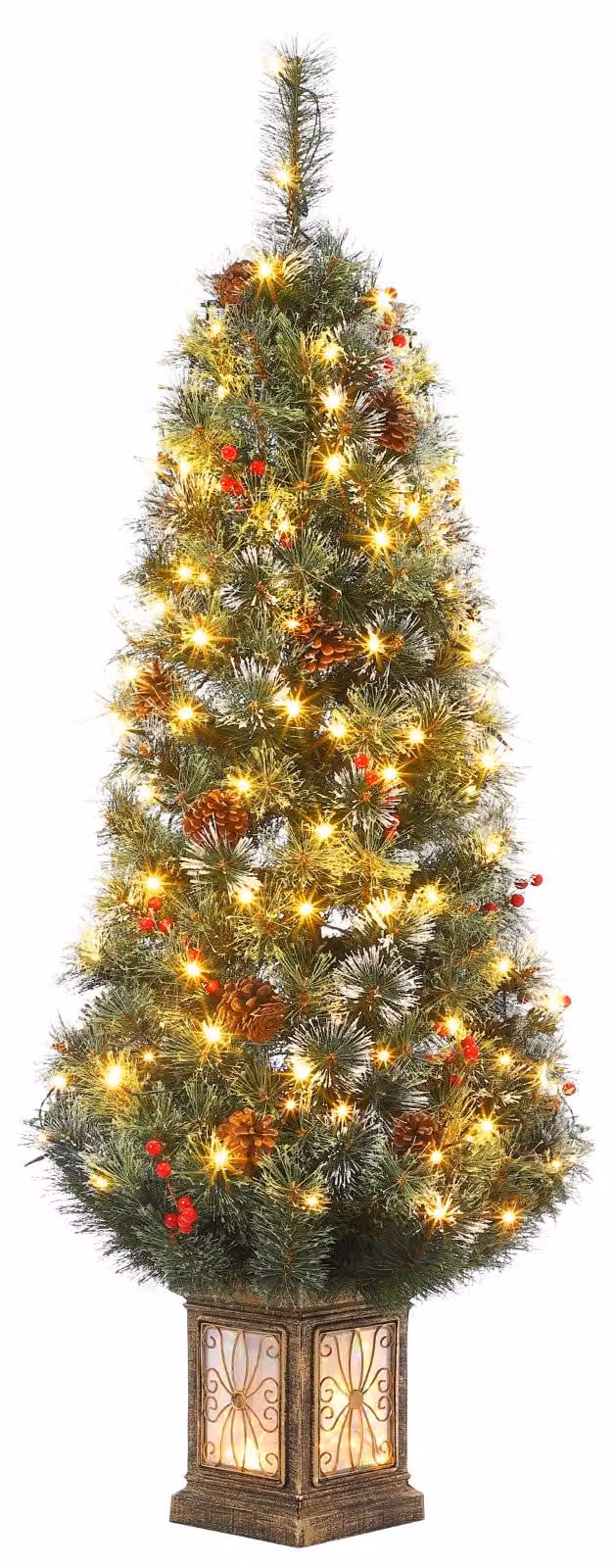 Albero di Natale artificiale, innevato, alto 150 cm (4,5 piedi), con fitti rami di abete/pino, illuminazione LED e punte degli aghi innevate. Montaggio con sistema a cerniera, base in metallo