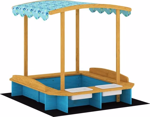 Sabbiera per bambini AIYAPLAY in legno con tetto, 3 panchine e 2 cassette in PP, colore blu, L 128 cm x P 118 cm x H 121 cm – 1