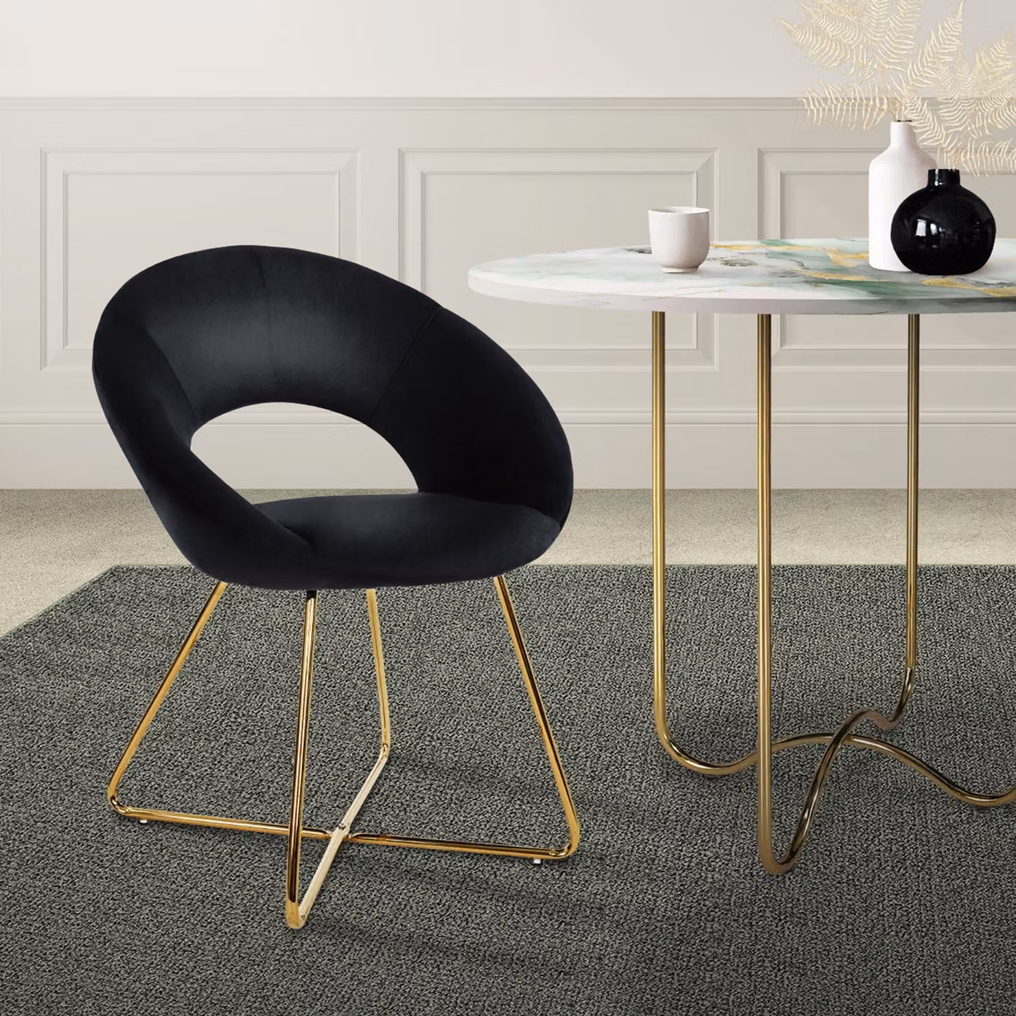 Sedia da pranzo ML-Design con schienale rotondo, nero, struttura in metallo vellutato