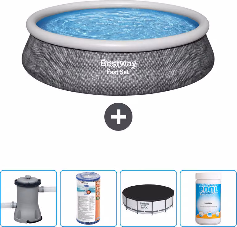 Bestway piscina gonfiabile rotonda ad ambientazione rapida - stampa rattan - 457 x 84 cm - inclusa pompa - filtro - copertura - cloro