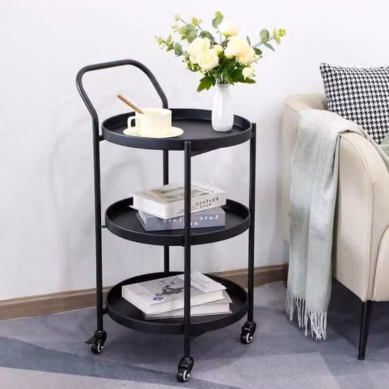 Carrello Rotante Elegante a 3 Livelli, 78 cm Alto, Metallo Nero, Trolley da Servizio per Cucina e Divertimento