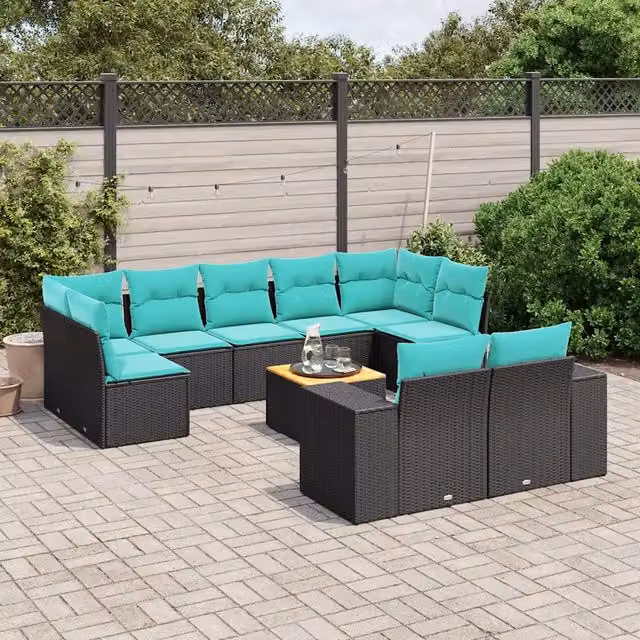 Set Divani da Giardino 10 pz con Cuscini Nero in Polyrattan 3225595