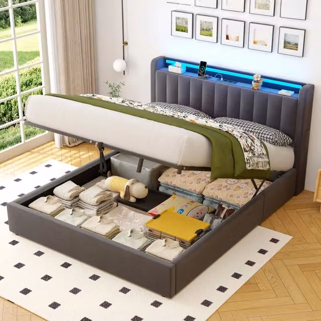Letto contenitore 140x200 cm in velluto grigio scuro con vano contenitore; rete a doghe e testiera imbottita