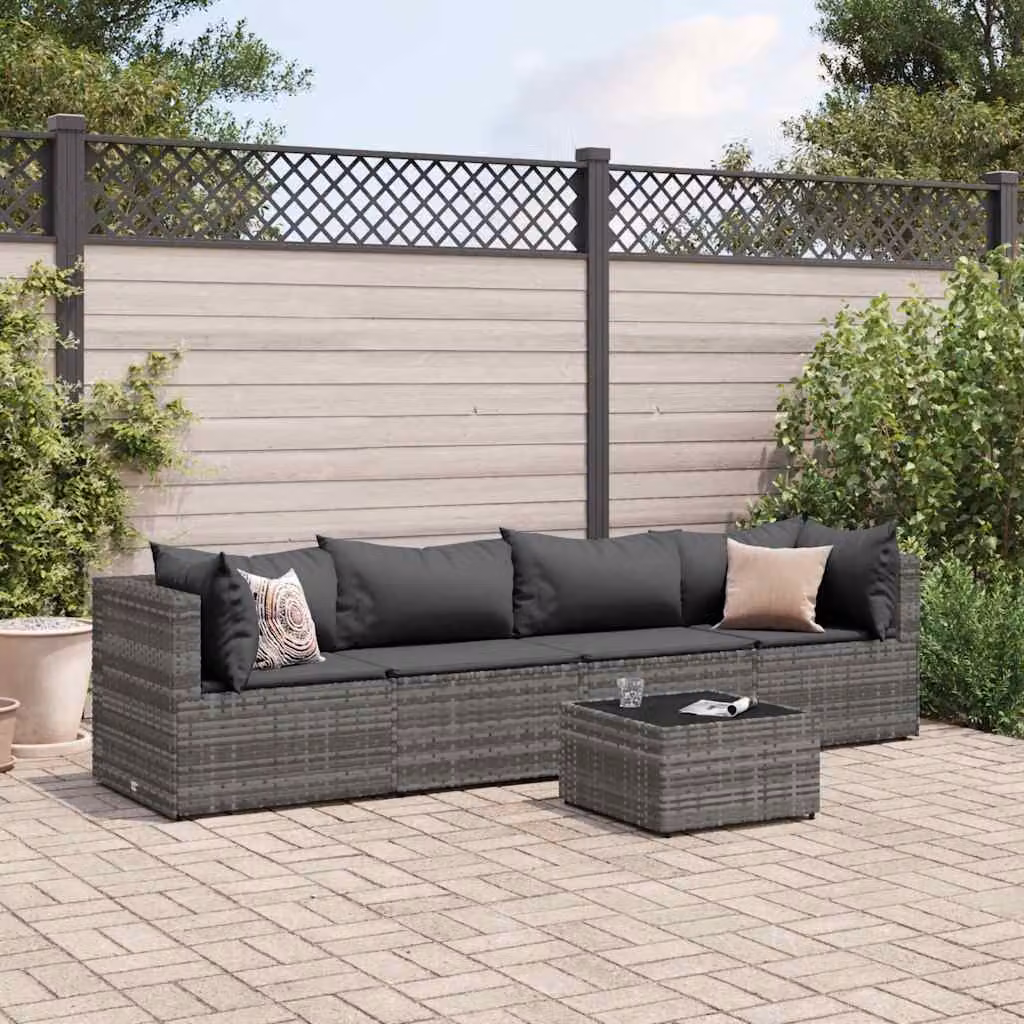 Set Divani da Giardino vidaXL 5 Pezzi a Forma di L con Tavolino e Cuscini in Polyrattan Grigio Antracite