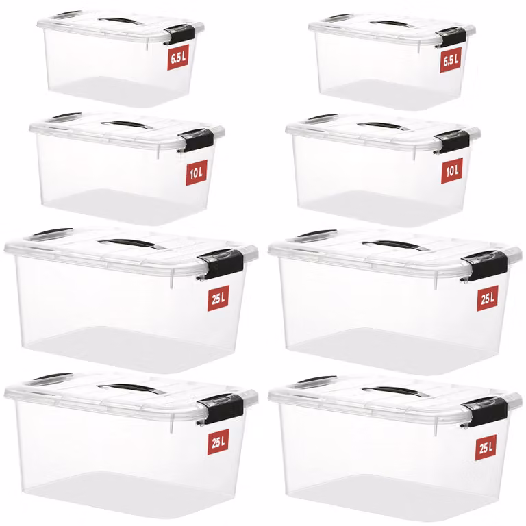 Contenitori in plastica impilabili - 8 contenitori da 25 litri con coperchio e chiusure