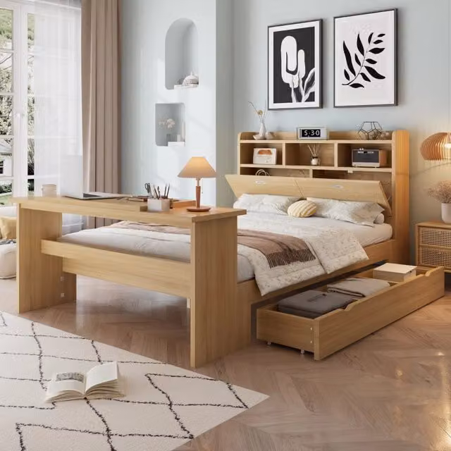 Letto matrimoniale 140 × 200 cm con cassetto estraibile e tavolino pieghevole, senza materasso, naturale