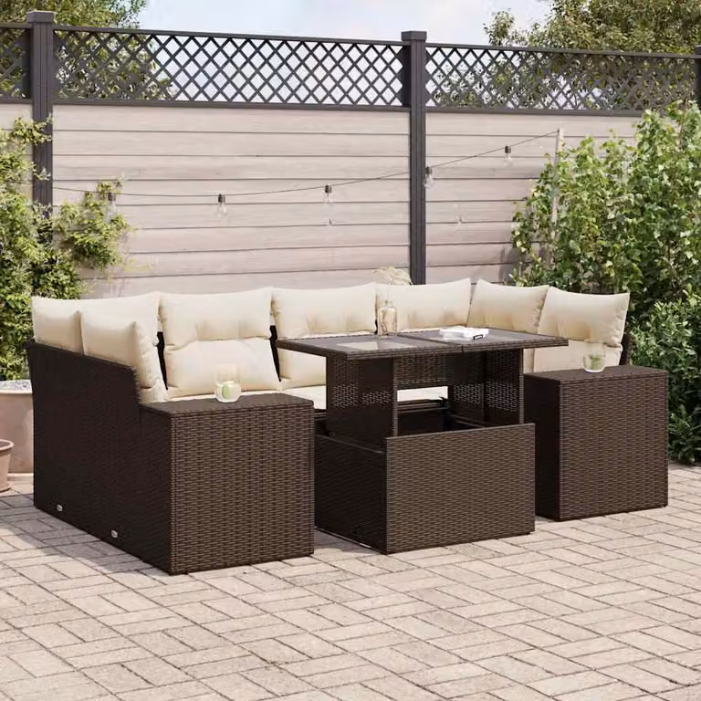 Set di divani da giardino vidaXL in polyrattan marrone con cuscini e tavolino da esterno 7 pz
