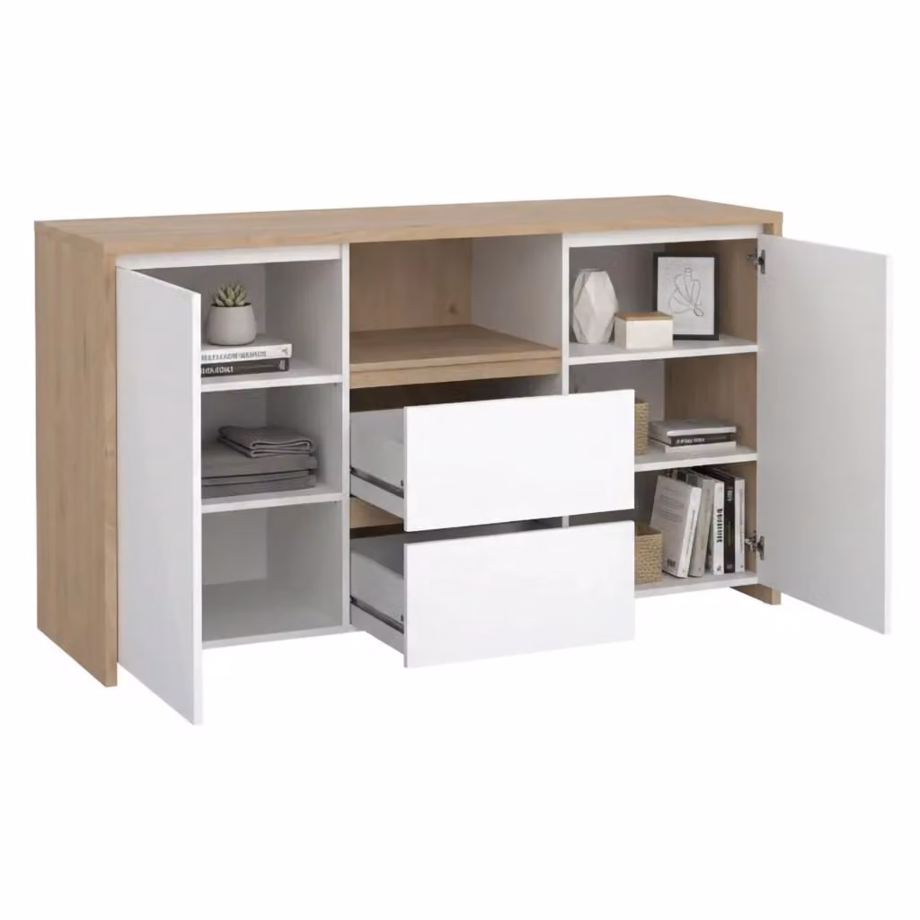 Credenza Alalngar DMORA, Buffet e Madia per Soggiorno o Cucina, Rovere e Bianco lucido, L: 149 cm, P: 48 cm, H: 84 cm – 2