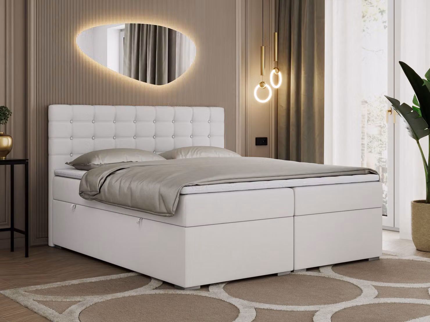 Letto boxspring 160x200 con contenitore, letto 160x200 con materasso e topper - SUSAN - 160x200 - Bianco - Ecopelle - H3