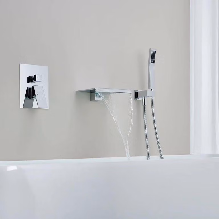WEBO Deluxe miscelatore da incasso per vasca con doccetta, cromo, design a cascata, comando a 2 pulsanti