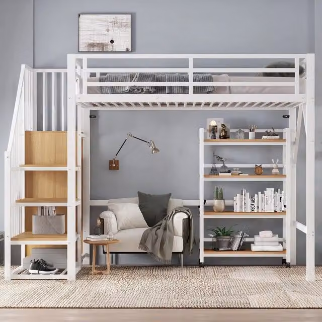 Letto a soppalco ¨C Minimal ¨C 90x200cm metallo legno bianco con guardia sicurezza e armadio salvaspazio