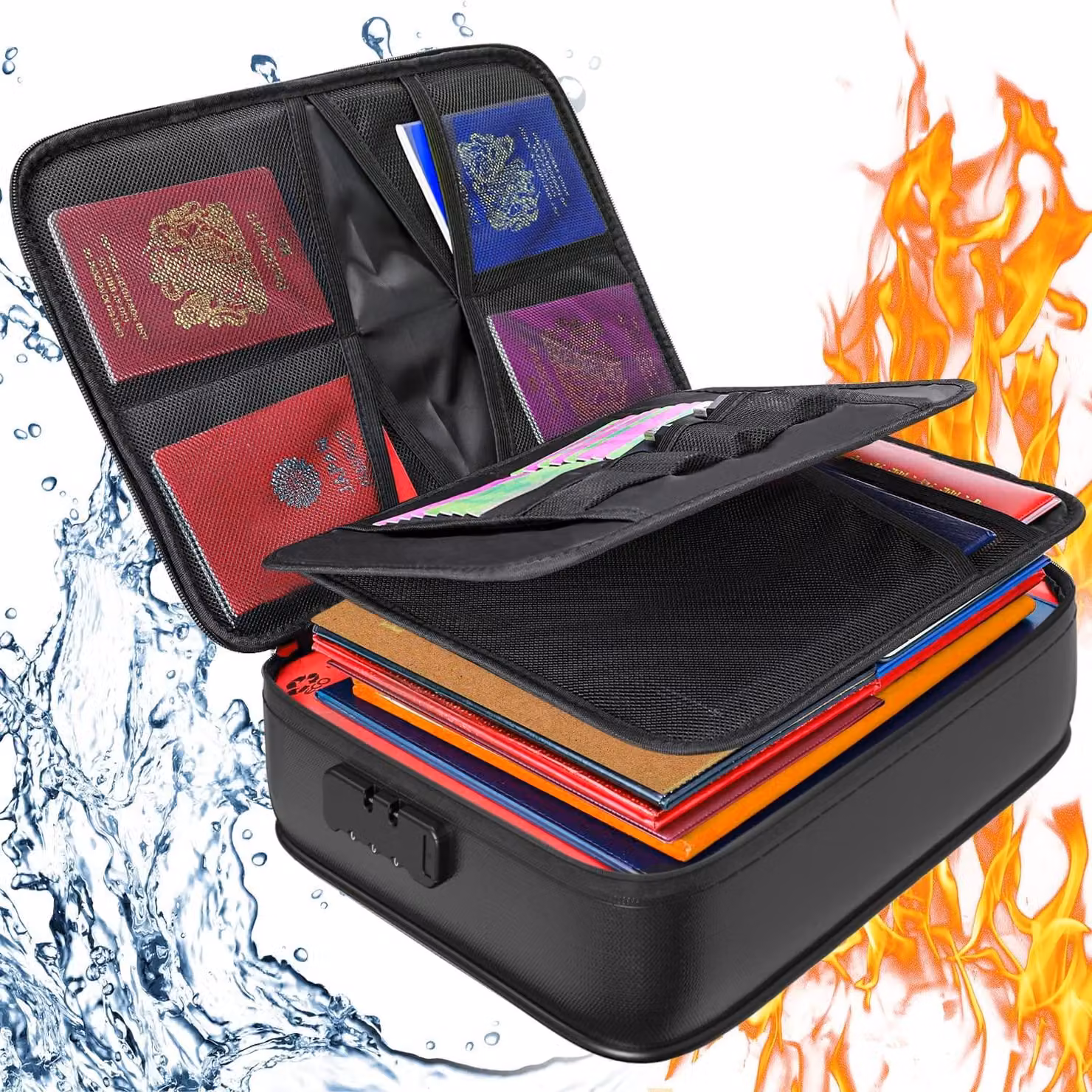 Contenitore ignifugo e resistente all'acqua, dimensioni 36 x 27 x 10 cm, dotato di serratura numerica, adatto per documenti in formato A4