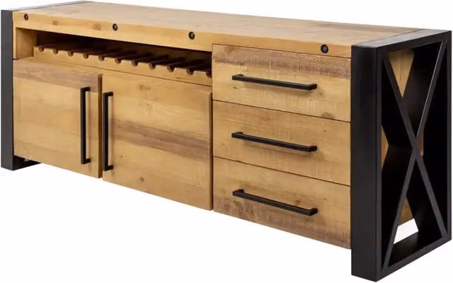 Buffet CAVARA Meublorama in pino massiccio marrone e metallo nero, stile industrial, con 2 porte, 3 cassetti e portabottiglie, Larghezza: 195 cm – 1
