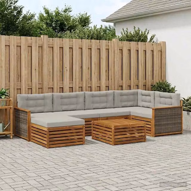 Set di divani da esterno moderno vidaXL in legno di acacia con cuscini beige e grigio composto da 7 pezzi con tavolino e pouf – 1