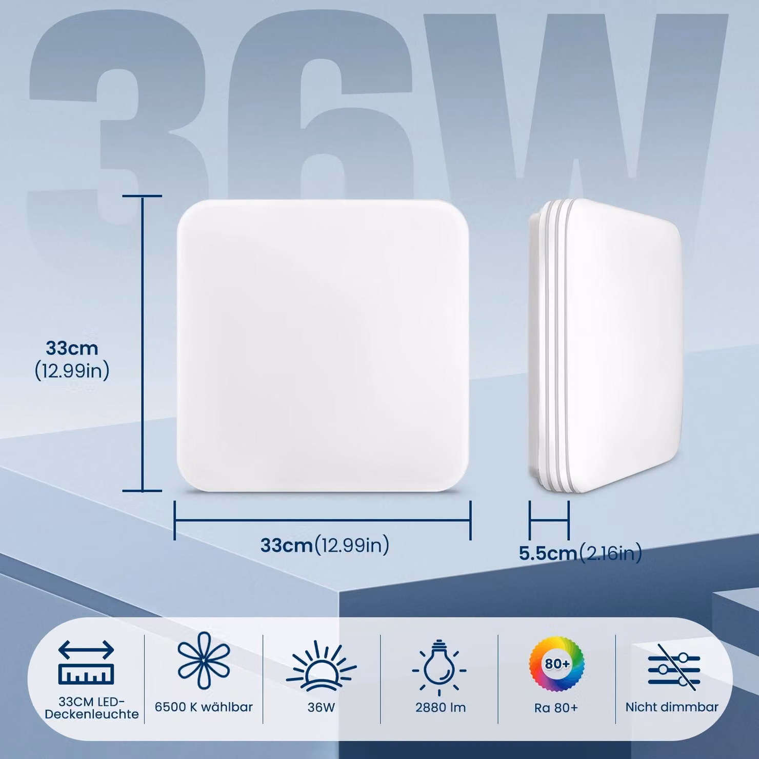 Pannello LED da soffitto - Modello quadrato semi-incassabile - 36 W - Confezione da 2 - Ultraleggero - Senza sfarfallio - Antiriflesso