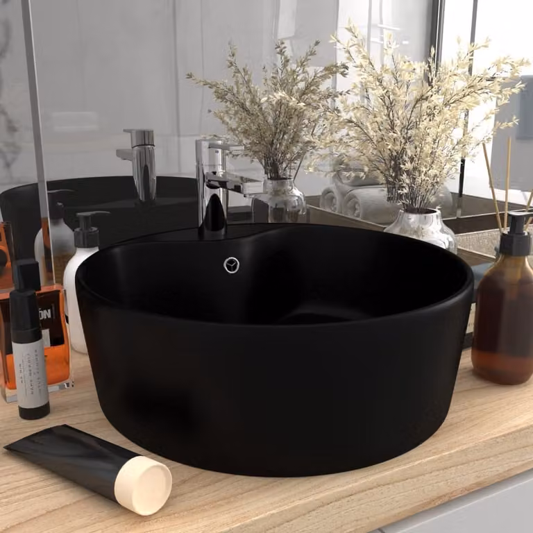 The Living Store Lavabo con troppopieno nero opaco 36x13 cm in Vetroceramica