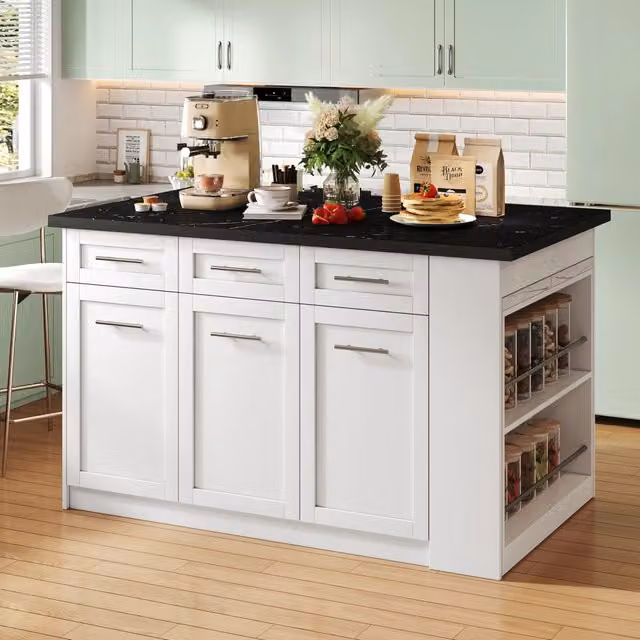 Carrello da cucina con tavolo estraibile, 6 cassetti, 3 ante e vani aperti, per cucina, in MDF bianco, 150 × 90 × 90 cm