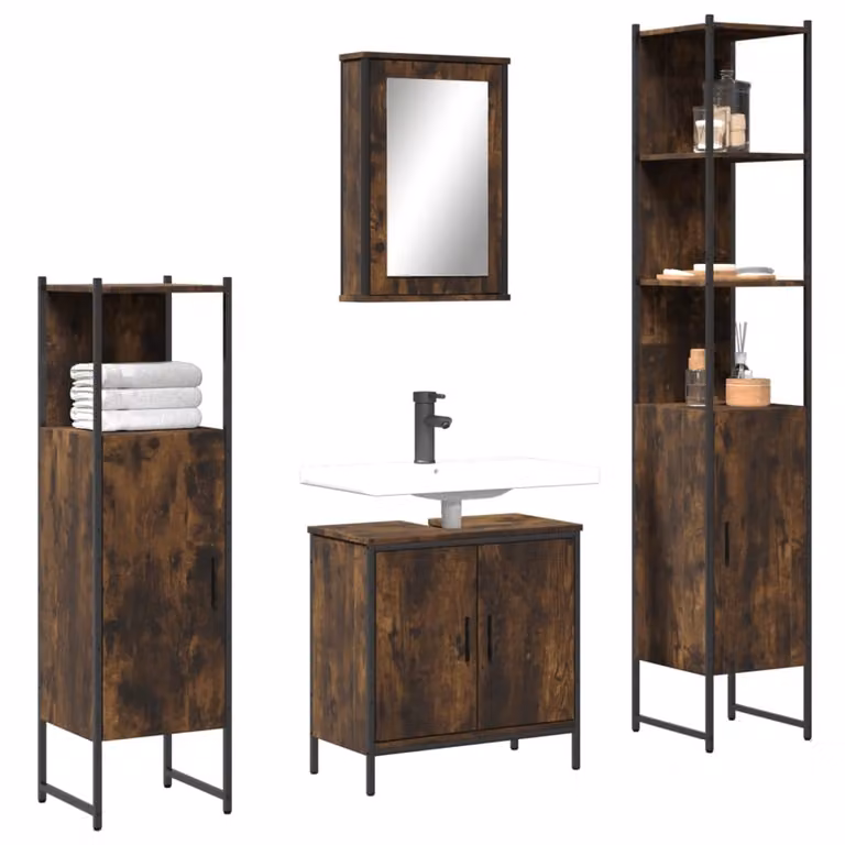 Set di mobili da bagno vidaXL 4 pezzi in legno e metallo stile industriale colore marrone con mobile lavabo, pensile con specchio e colonna alta