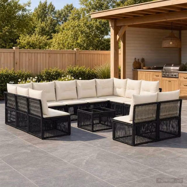 Set Divano da Giardino vidaXL 12 Pezzi Nero con Tavolino e Cuscini in Polyrattan e Acciaio