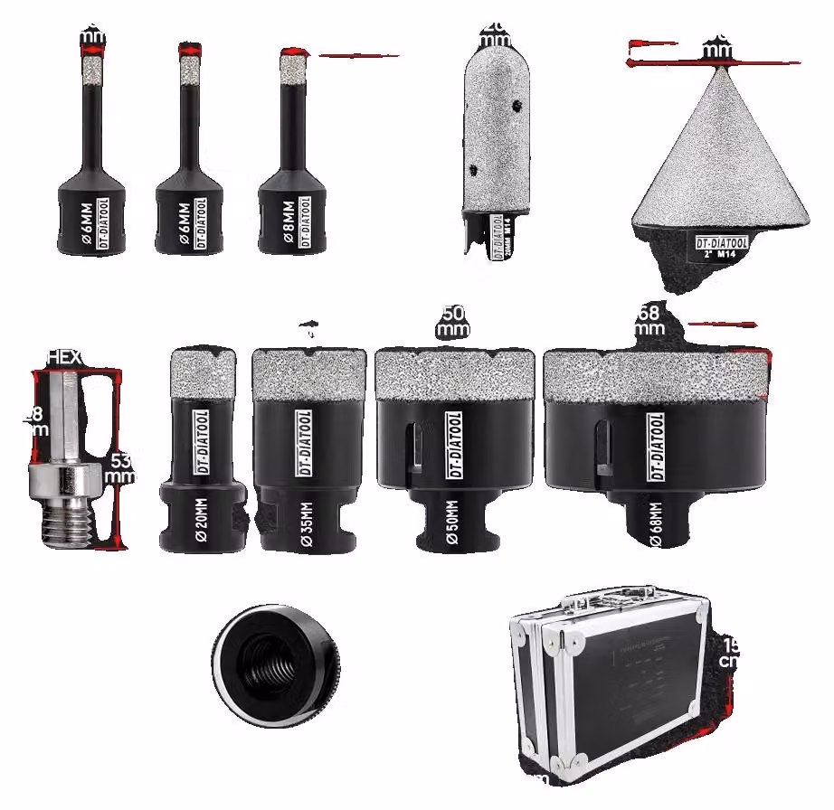 Set di punte per carotaggio, rivestimento diamantato, compatibilità M14, valigetta da 10 pezzi, filettatura M14
