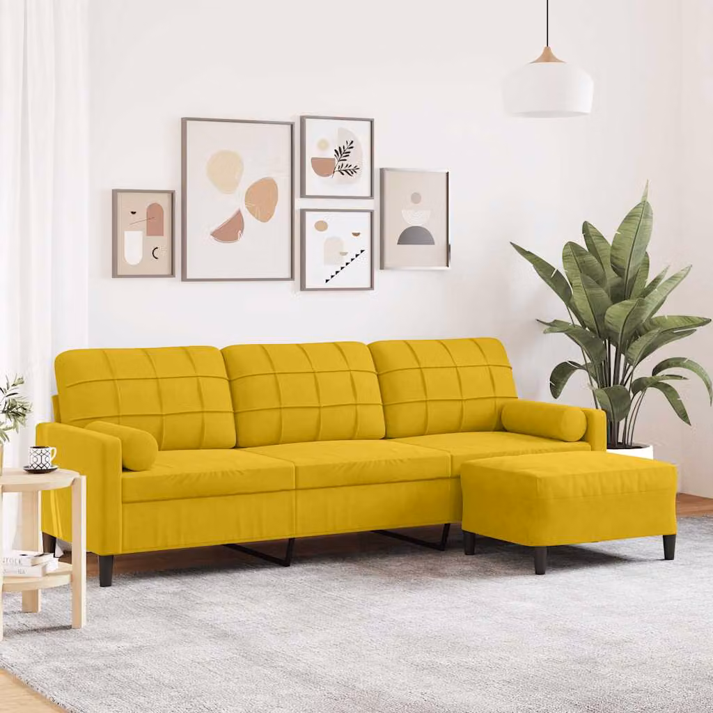 vidaXL Divano a 3 Posti in Velluto Giallo con Poggiapiedi Coordinato e Struttura in Metallo e Legno – 1
