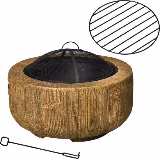 Cesto per il fuoco da giardino in metallo, modello "Boomstronk", con coperchio e griglia, ideale per giardino e terrazza - Dimensioni: 61,5 x 61,5 x 39 cm - Perfetto per feste in giardino, campeggio e attività serali - Colore: marrone